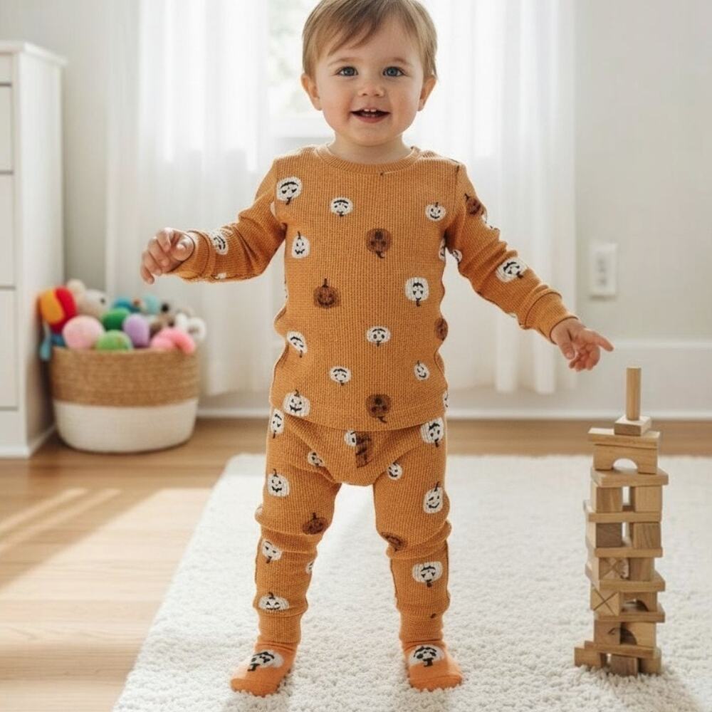 Rabbit+Bear Organic Cotton Pajamas Orange Pumpkin Print 3 Piece Set Size 12M NWT